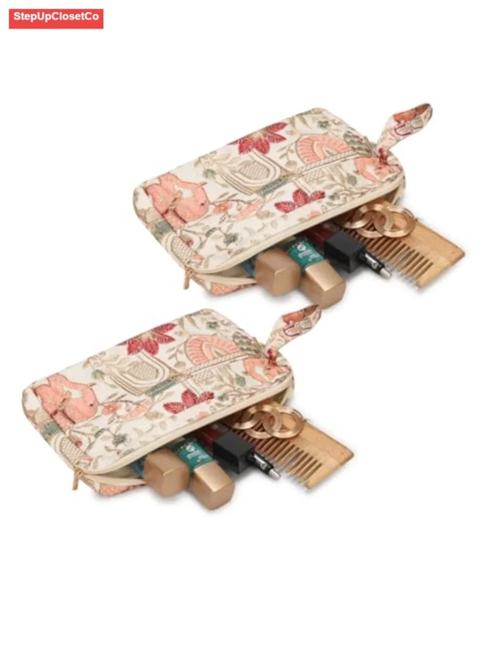 Floral Embroidered Cosmetic Pouch Makeup Organizer Wristlet Zip Pouch Women